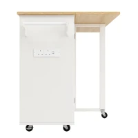 Kitchen Island Trolley with Power Strip, Folding Design and Wine Rack, Space-Saving Design for Kitchen, 131.5L x 76W x 91H cm, White+Natural(m-14)