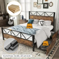 Metal Double Bed with 2 Drawers, Sturdy Iron Frame and MDF, Storage Bed for Adults and Teenagers, 198L x 137W x 116H cm, Black(m-4)