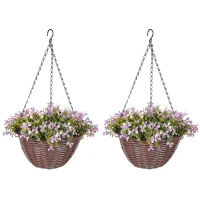 HOMCOM Artificial Flowers in Basket Set of 2, Artificial Hanging Baskets with 75 Leaves and 15 Flowers in Pot, Decorative Plant for Home Office Decor, Purple(m-10)