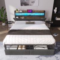 Upholstered Double Bed with LED Lighting, USB Type-C Charging, Bed Frame with Storage Headboard, Drawers, 208L x 137W x 110H cm, Grey