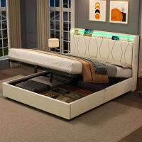 Double Upholstered Bed with LED Headboard, USB and Type-C Ports, Hydraulic Storage Bed with Charging Station, 207L x 136W x 105H cm, Beige(m-1)