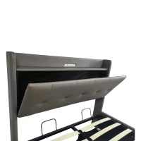 King Upholstered Bed Frame with Hydraulic Storage, LED Light, PU Leather Ottoman Bed with Charging Station, 217L x 152W x 115H cm, Grey(m-10)