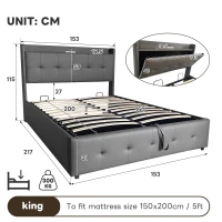 King Upholstered Bed Frame with Hydraulic Storage, LED Light, PU Leather Ottoman Bed with Charging Station, 217L x 152W x 115H cm, Grey(m-3)