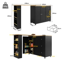 360° Swivelling Dining Table with Snack Rack, Three Drawers, Multifunctional Kitchen Island with Castors, 209L x 39W x 104H cm, Black(m-3)