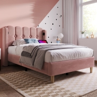 Upholstered Single Bed with USB and Type-C Charging Ports, Velvet Bed Frame with Wooden Slats for Teen Bedroom, 197L x 103W x 103H cm, Pink