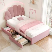 Single Upholstered Bed with Adjustable Petal Headboard, Solid Wood Slat, Velvet Bed Frame with Storage Drawers, 194L x 107W x 106H cm, Pink(m-9)