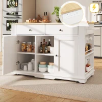 Kitchen Island Trolley with Power Strip, Foldable Dining Table, Ample Storage and Lockable Castors, 151.5L x 85W x 92H cm, White+Natural(m-7)