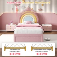 3FT Upholstered Bed with Adjustable Rainbow Headboard, Velvet Frame, Single Bed Frame with Storage Drawer, 194L x 94W x 128H cm, Pink(m-6)