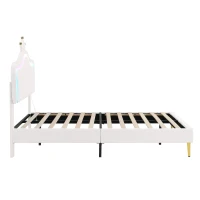 Double Upholstered Bed with Adjustable Crown Headboard, LED Bed Frame with Metal-Wood Support, 194L x 147W x 129H cm, Cream White(m-13)