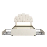 Single Upholstered Bed with 2 Storage Drawers, Adjustable Petal Headboard, Velvet Bed Frame with Wood Slat, 194L x 107W x 106H cm, Beige(m-2)