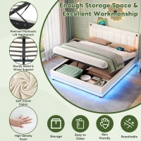 King Size LED Hydraulic Bed with Charging Station, Adjustable Tufted Headboard, Space-Saving Design for Bedroom, 206L x 151W x 105H cm, Beige(m-6)