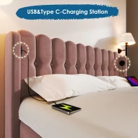 Upholstered Double Bed with USB and Type-C Charging Ports, Wooden Slatted Frame, Teenager Bed for Bedroom, 197L x 150W x 103H cm, Pink(m-6)