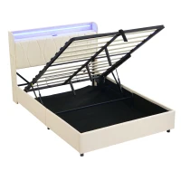 Double Upholstered Bed with LED Headboard, USB and Type-C Ports, Hydraulic Storage Bed with Charging Station, 207L x 136W x 105H cm, Beige(m-12)