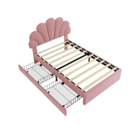 Single Upholstered Bed with Adjustable Petal Headboard, Solid Wood Slat, Velvet Bed Frame with Storage Drawers, 194L x 107W x 106H cm, Pink(m-10)