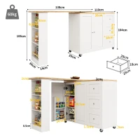 360° Swivelling Dining Table with Castors, Multifunctional Storage Island with Three Drawers, Snack Rack, 209L x 39W x 104H cm, White(m-3)