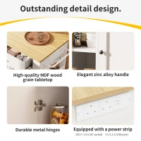 Kitchen Island Trolley with Power Strip, Foldable Dining Table, Ample Storage and Lockable Castors, 151.5L x 85W x 92H cm, White+Natural(m-5)