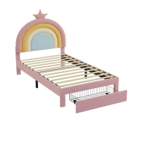 3FT Upholstered Bed with Adjustable Rainbow Headboard, Velvet Frame, Single Bed Frame with Storage Drawer, 194L x 94W x 128H cm, Pink(m-11)
