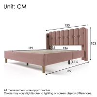 Upholstered Double Bed with USB and Type-C Charging Ports, Wooden Slatted Frame, Teenager Bed for Bedroom, 197L x 150W x 103H cm, Pink(m-3)