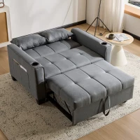 2 Seater Sofa Bed with Cup Holders, Convertible Fabric Sofa Chair with Adjustable Backrest and Storage Pockets, 140L x 96W x 97H cm, Gray(m-9)