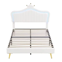 Double Upholstered Bed with Adjustable Crown Headboard, LED Bed Frame with Metal-Wood Support, 194L x 147W x 129H cm, Cream White(m-11)