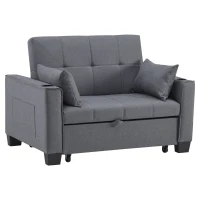 2 Seater Sofa Bed with Cup Holders, Convertible Fabric Sofa Chair with Adjustable Backrest and Storage Pockets, 140L x 96W x 97H cm, Gray(m-2)