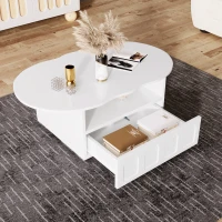 Cloud-Shaped Coffee Table with Drawer and Storage Compartments, Push-to-Open Mechanism, Easy Installation, 100L x 60W x 40.5H cm, White(m-6)