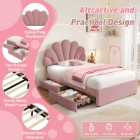 Single Upholstered Bed with Adjustable Petal Headboard, Solid Wood Slat, Velvet Bed Frame with Storage Drawers, 194L x 107W x 106H cm, Pink(m-5)