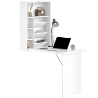 HOMCOM Bureau pliable mural, table murale pliante avec étagères pour salon, salle à manger, bureau, 93,8 x 60 x 147 cm, blanc(m-10)