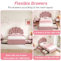 Single Upholstered Bed with Adjustable Petal Headboard, Solid Wood Slat, Velvet Bed Frame with Storage Drawers, 194L x 107W x 106H cm, Pink(m-6)