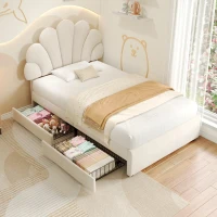 Single Upholstered Bed with 2 Storage Drawers, Adjustable Petal Headboard, Velvet Bed Frame with Wood Slat, 194L x 107W x 106H cm, Beige(m-9)