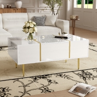 White High-Gloss Coffee Table with 2 Drawers, Modern Design and Easy Cleaning, Practical Storage, 100L x 60W x 41.5H cm, White