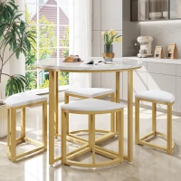 Dining Table Set with 4 Velvet Chairs, Space-Saving Design, MDF Top and Gold-Plated Iron Frame, Easy assembly, 80L x 80W x 75H cm, White+Gold(m-5)