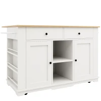 Kitchen Island Trolley with Power Strip, Foldable Dining Table, Ample Storage and Lockable Castors, 151.5L x 85W x 92H cm, White+Natural(m-2)