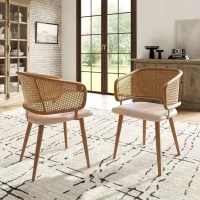 Set of 2 Modern Dining Chairs with Rattan Backrest, PU Leather Seat, Ergonomic Armchair with Wood Grain Iron Legs, 51L x 54W x 79H cm, Beige(m-1)