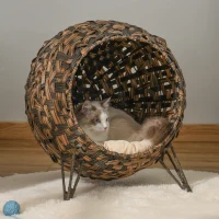 PawHut Katzenhaus aus Rattan mit Kissen Katzenschlafplatz Katzenhöhle mit erhöhten Füßen Braun Ø52 x 58 cm(m-2)