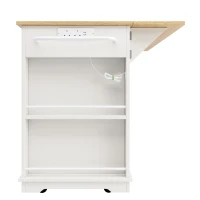 Kitchen Island Trolley with Power Strip, Foldable Dining Table, Ample Storage and Lockable Castors, 151.5L x 85W x 92H cm, White+Natural(m-14)