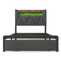 Upholstered Single Bed with LED Lighting, USB Type-C Charging, Storage Headboard and Drawers, 3ft Single Bed, 208L x 92W x 110H cm, Grey(m-2)