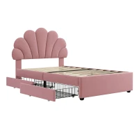 Single Upholstered Bed with Adjustable Petal Headboard, Solid Wood Slat, Velvet Bed Frame with Storage Drawers, 194L x 107W x 106H cm, Pink(m-12)