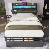Upholstered Single Bed with LED Lighting, USB Type-C Charging, Storage Headboard and Drawers, 3ft Single Bed, 208L x 92W x 110H cm, Grey(m-7)