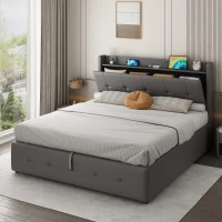 King Upholstered Bed Frame with Hydraulic Storage, LED Light, PU Leather Ottoman Bed with Charging Station, 217L x 152W x 115H cm, Grey(m-8)