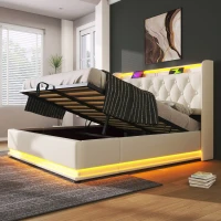 Upholstered Double Ottoman Bed with 360 Surround LED, USB Charging Port, Hydraulic Storage Bed Frame, 206L x 148W x 104H cm, White(m-1)