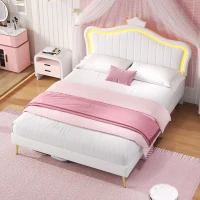 Double Upholstered Bed with Adjustable Crown Headboard, LED Bed Frame with Metal-Wood Support, 194L x 147W x 129H cm, Cream White(m-8)