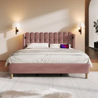Upholstered Double Bed with USB and Type-C Charging Ports, Wooden Slatted Frame, Teenager Bed for Bedroom, 197L x 150W x 103H cm, Pink(m-7)