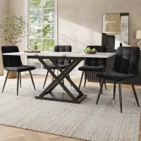 Extendable Dining Table Set with 4 Velvet Chairs, Marble Table, Stylish and Modern Design for Kitchen, 160L x 80W x 75H cm, White+Black(m-10)
