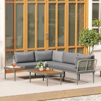 Outsunny Salon de jardin extérieur 4 places modulable en bois d'acacia, canapé d'angle extérieur avec table basse et coussins(m-9)