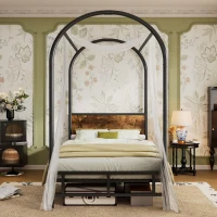 Metal Canopy Bed Frame with Durable Iron and MDF Construction, Wood Headboard, Easy Self-Installation, 195L x 90.5W x 192H cm, Black(m-9)