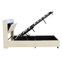 Double Upholstered Bed with LED Headboard, USB and Type-C Ports, Hydraulic Storage Bed with Charging Station, 207L x 136W x 105H cm, Beige(m-14)