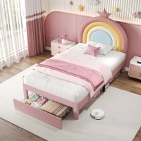 3FT Upholstered Bed with Adjustable Rainbow Headboard, Velvet Frame, Single Bed Frame with Storage Drawer, 194L x 94W x 128H cm, Pink(m-8)