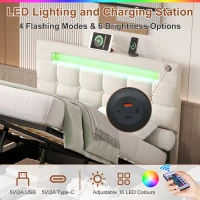 LED Double Upholstered Bed Frame with Charging Station, Adjustable Headboard, Velvet Hydraulic Storage Bed, 202.5L x 142W x 108H cm, Beige(m-6)