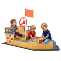 Outsunny Bac à sable forme de bateau pirate boîte à sable pour enfant gouvernail drapeau rouge 2 marches et espace de rangement(m-11)